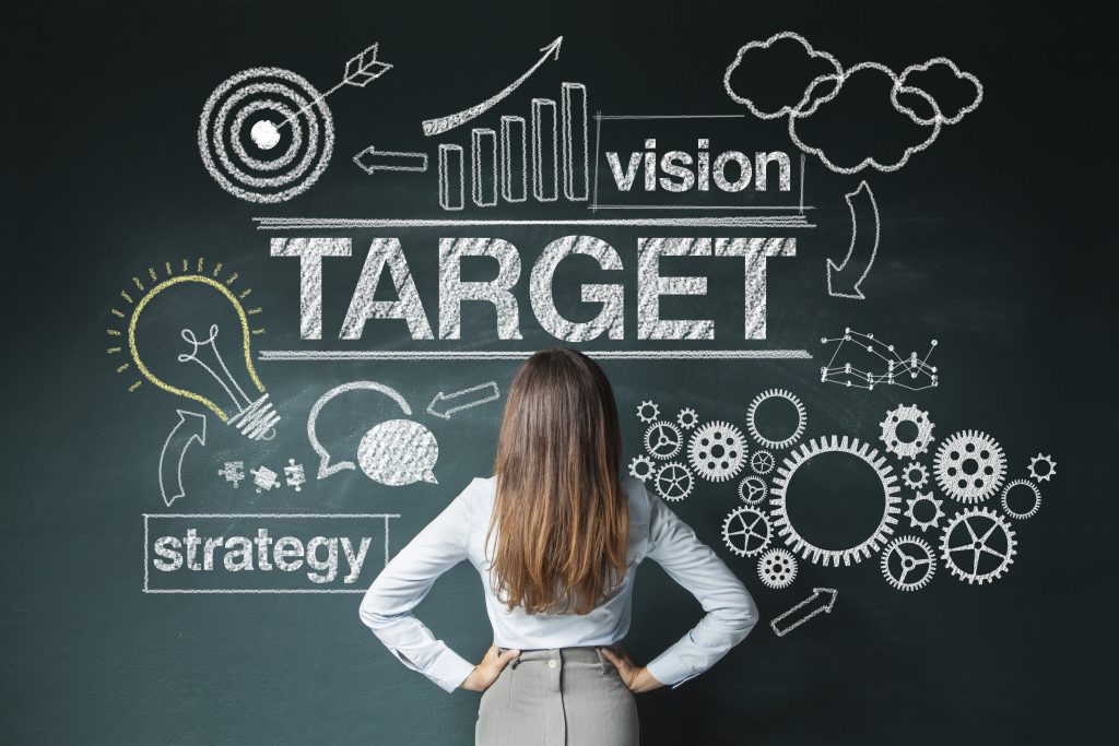 Rear view of a businesswoman looking at large business planning sketch on a chalkboard