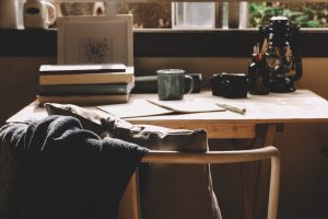 Picture of home desk in a cabin setting