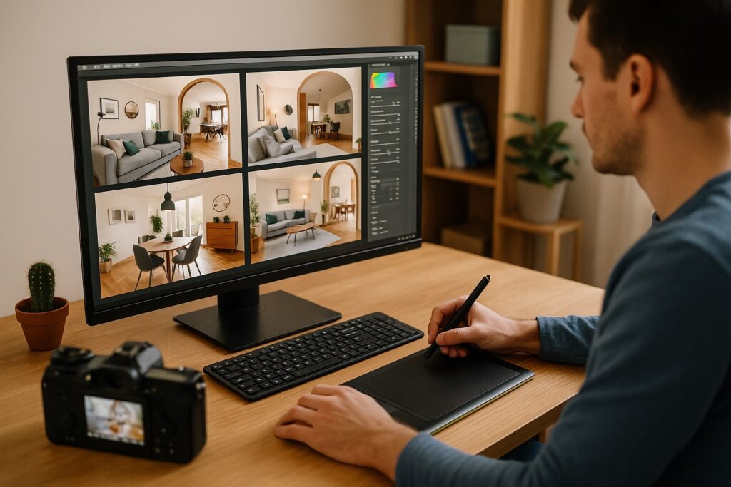 A man sits at a desk editing interior home photos on a computer, with a camera and tripod nearby in a modern workspace.