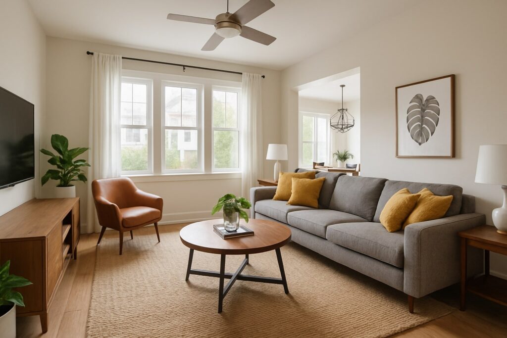 A spacious, sunlit living room with modern furniture, large windows, and neutral tones, staged for a real estate listing