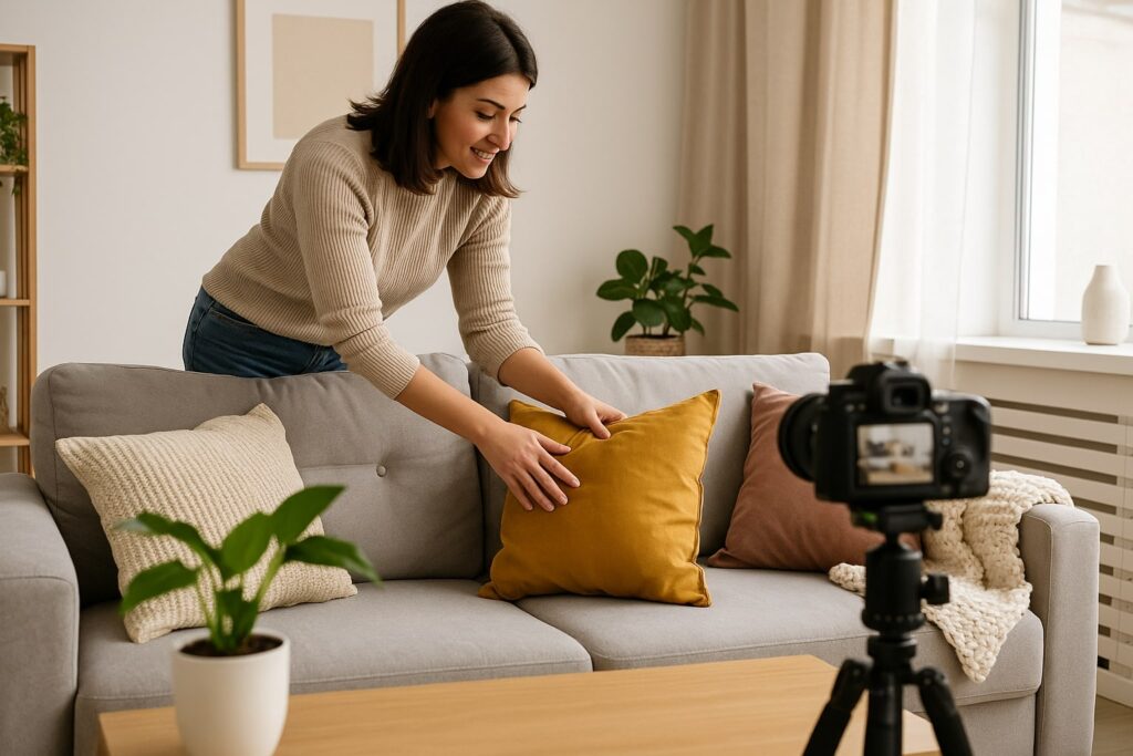 A woman arranges pillows in a bright living room with a camera on a tripod nearby, preparing to take interior photos