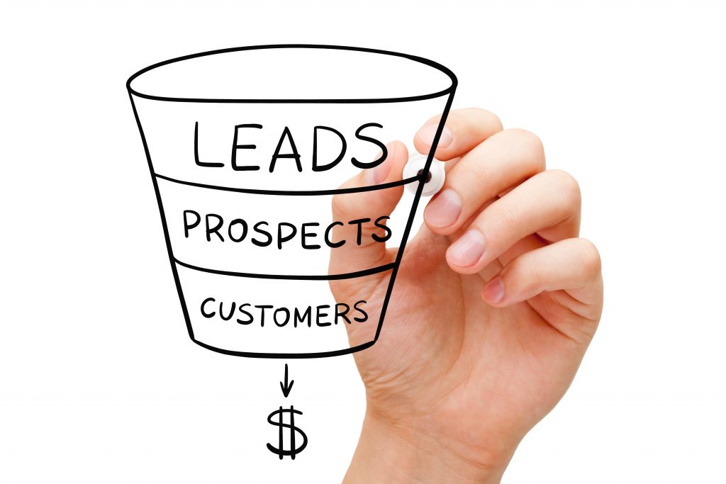 Hand drawing sales funnel business concept with black marker on transparent glass board