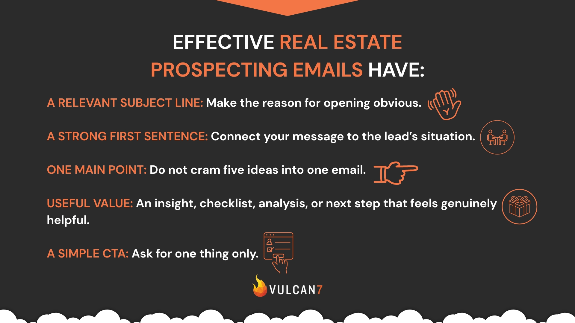 Slide showing potential goals for real estate prospecting emails