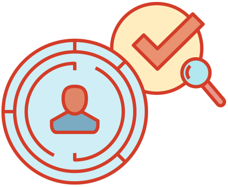 crm Human icon in maze next to check mark and magnifying glass