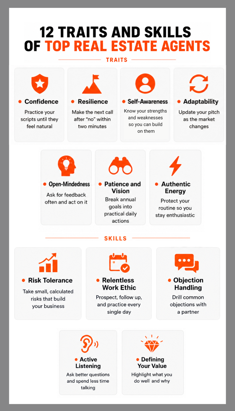 Infographic on the 12 traits and skills of top real estate agents. 