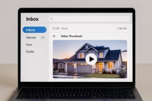 A laptop screen displaying an email inbox with a highlighted message labeled “Video Thumbnail,” showing a suburban home preview image.