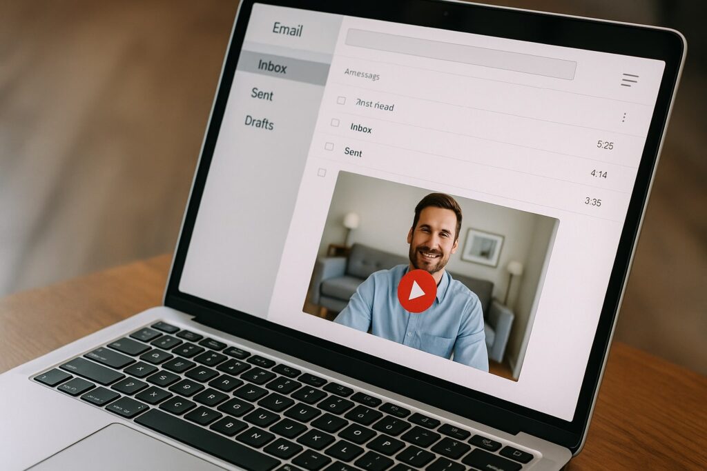 A laptop screen displaying an email inbox with a video thumbnail showing a man speaking on camera during a real estate video email.