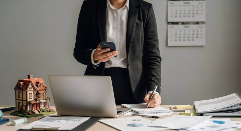 Real estate agent in a suit standing An image of a real estate agent in a suit standing at a desk with a laptop, holding a phone and writing on a notepad.