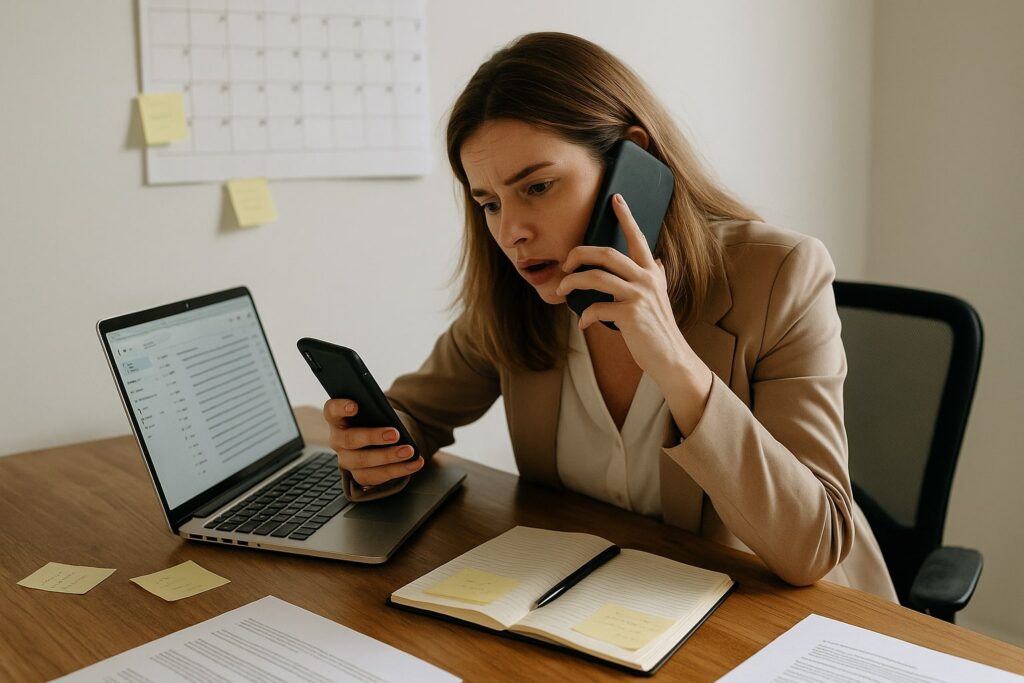 Real estate agent overwhelmed at her desk while juggling two phones, surrounded by sticky notes, a laptop, and scattered documents.
