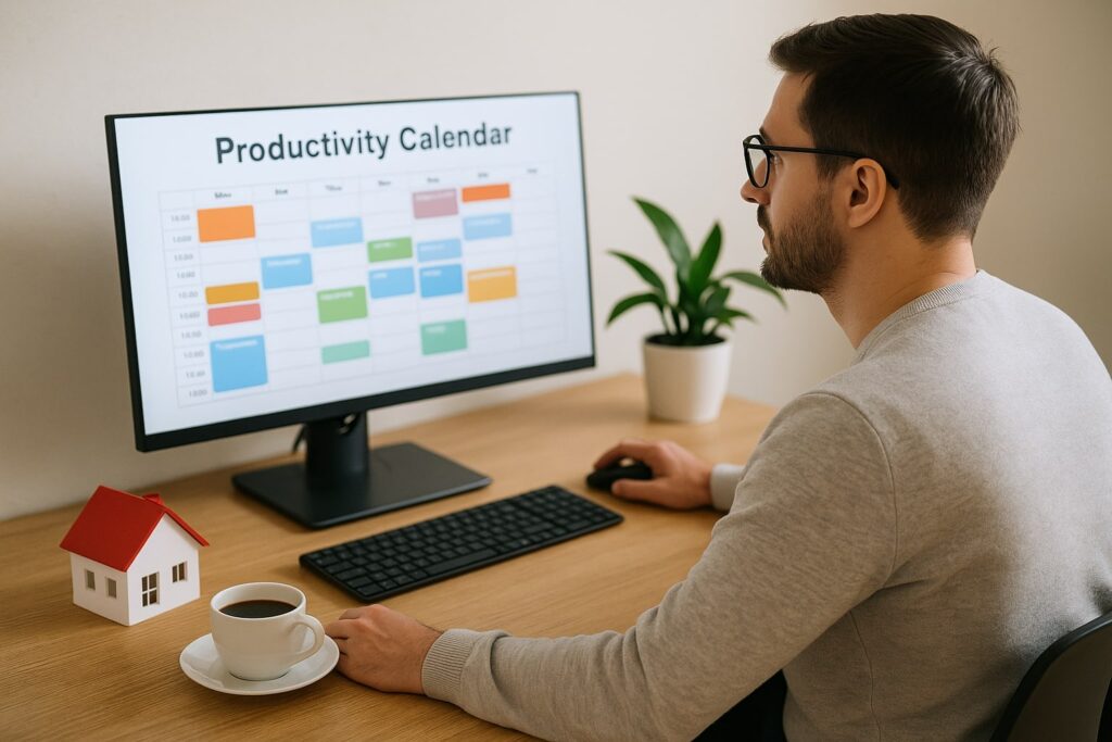 real estate agent working at a desk with a digital productivity calendar on screen, coffee cup in hand, a red-roof house model on one side