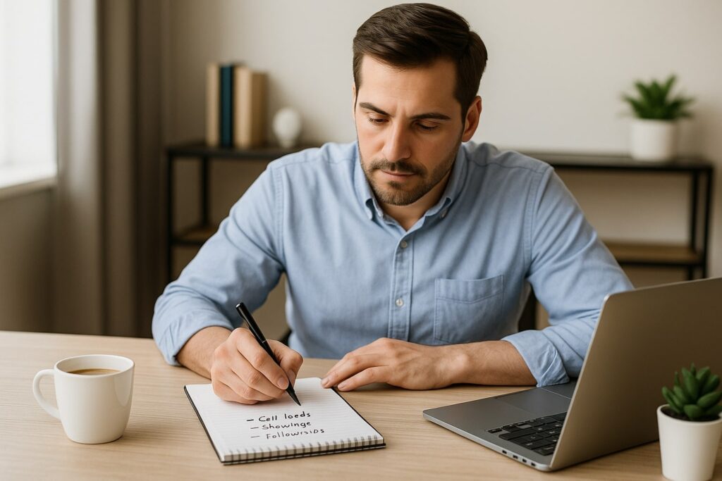 Real estate agent writing down a daily task list at a clean desk with a laptop, coffee cup, and plant, staying focused and organized. 