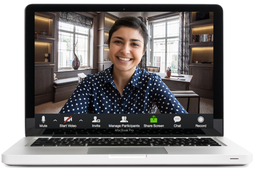 Happy woman on computer screen