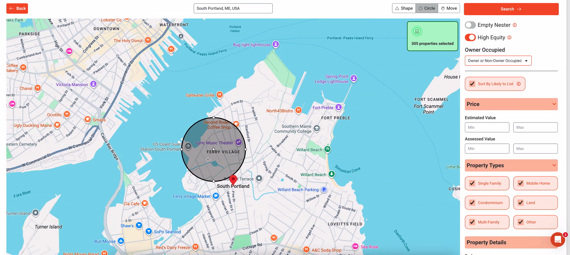 Neighborhood Search feature for circle prospecting in Vulcan7 real estate prospecting platform