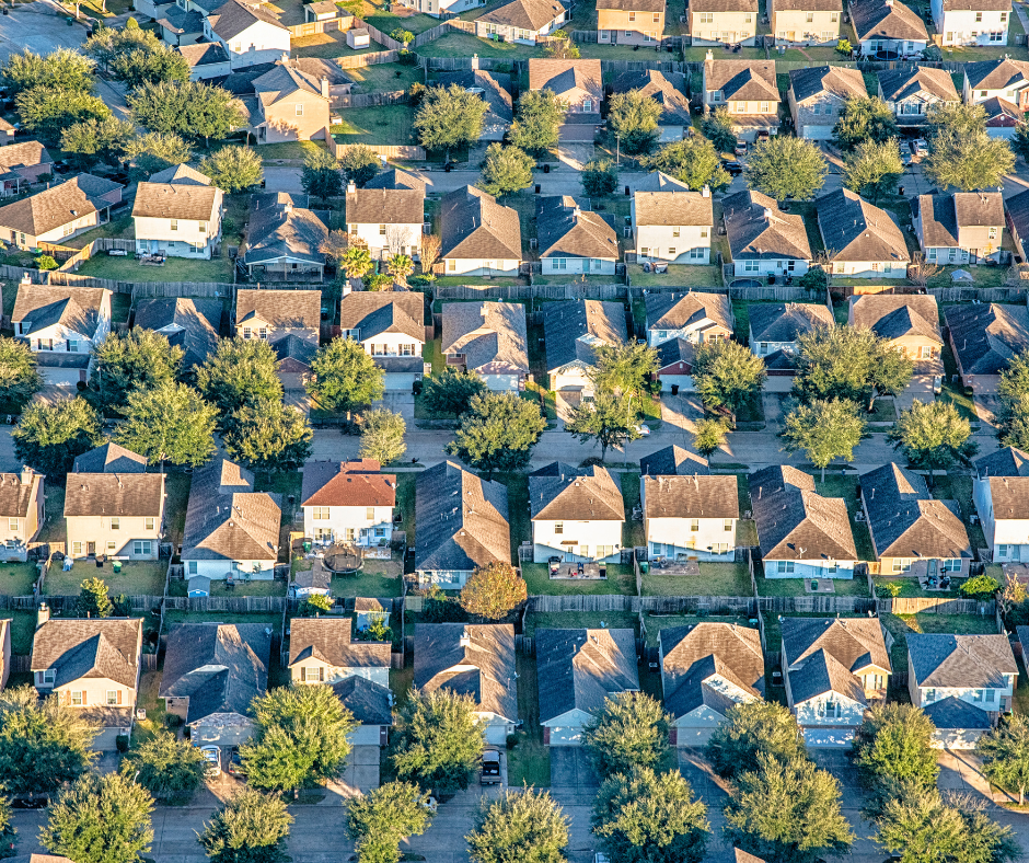 Aerial view of suburban neighborhood