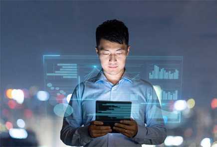 Image of man with futurist screen