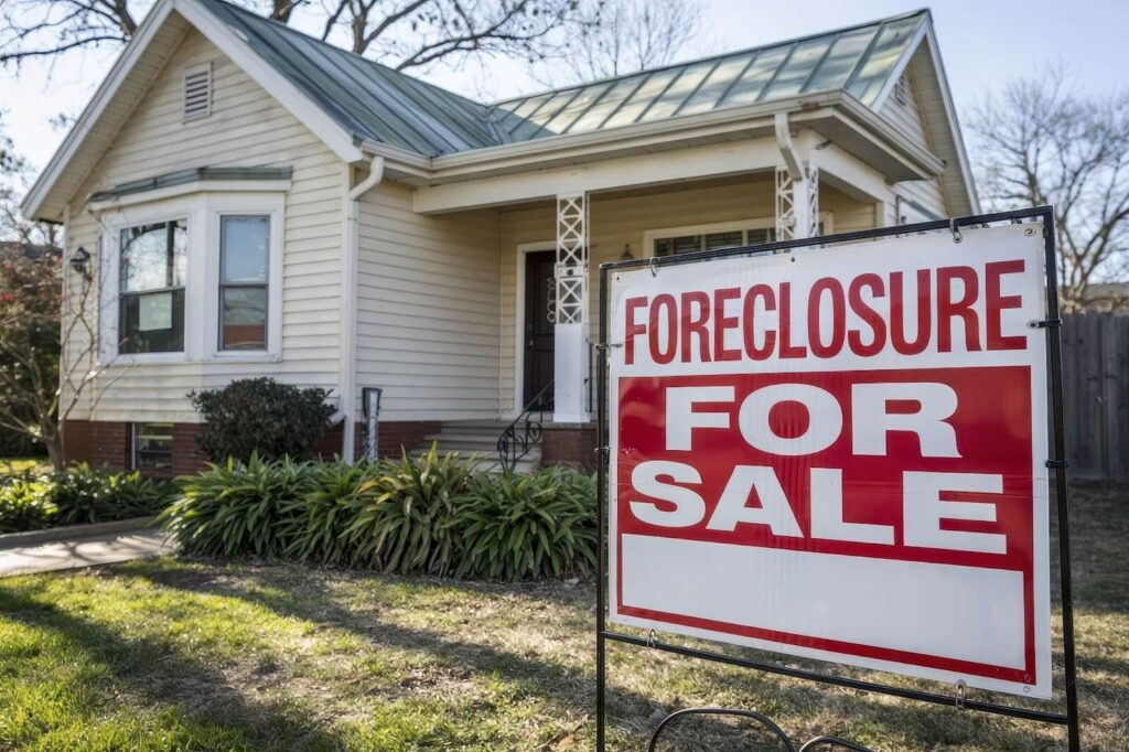 a house with a sign in front saying foreclosure for sale