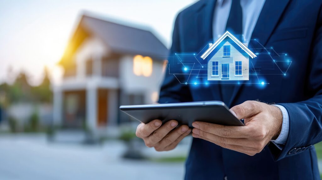 person holding a device which displays a digital house graphic