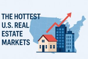 a horizontal graphic showing the headline “The Hottest U.S. Real Estate Markets” with buildings and a rising red arrow over a U.S. map