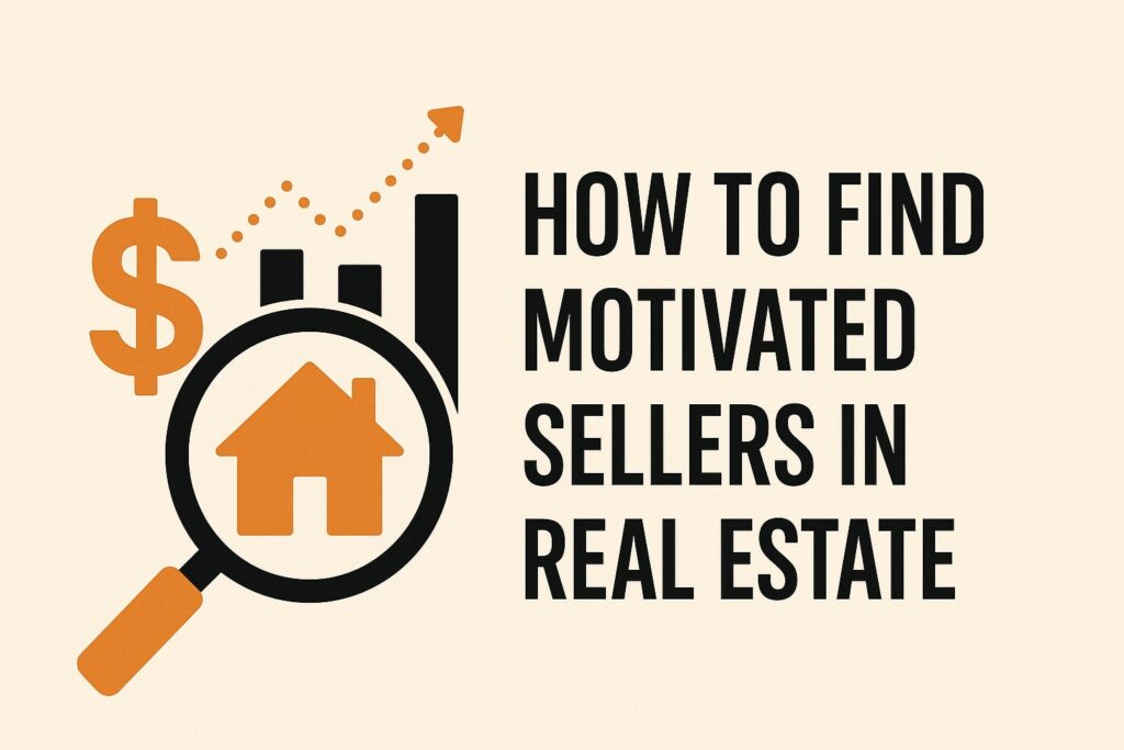 banner graphic showing a magnifying glass over a house, dollar sign, and bar chart, alongside the title "How to Find Motivated Sellers in Real Estate.