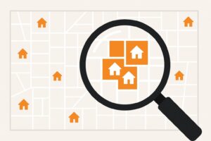 vector illustration of a city map with a zoomed-in neighborhood area highlighted by a magnifying glass and orange location pins