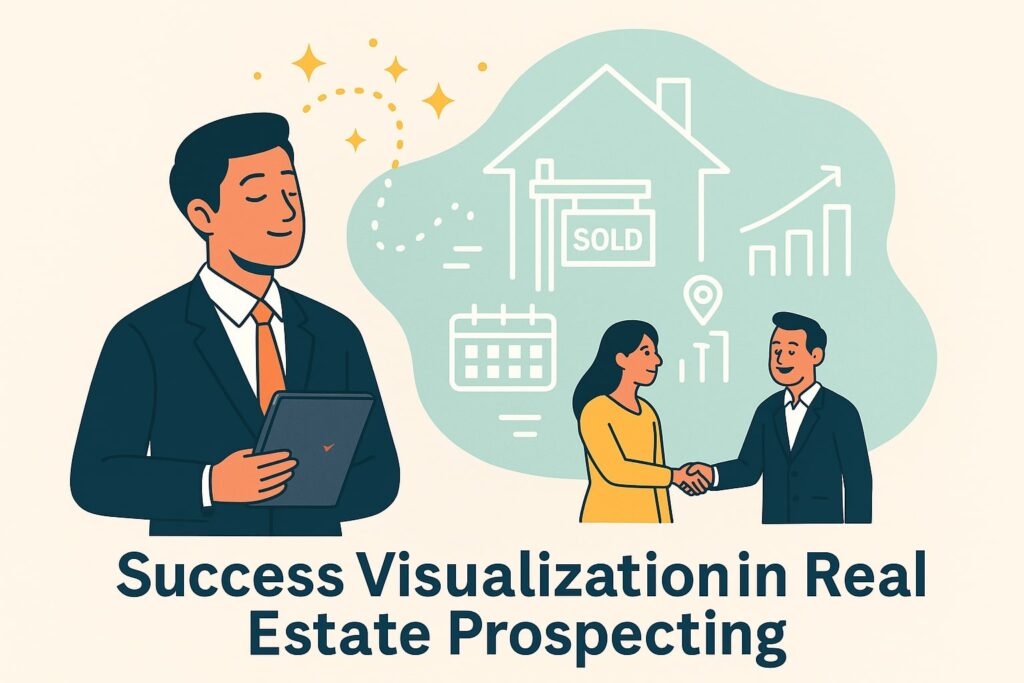 horizontal flat-style vector illustration titled ‘Success Visualization in Real Estate Prospecting,’ featuring a confident agent holding a tablet with glowing thought-bubbles of a sold home, calendar, and growth chart, alongside clients shaking hands