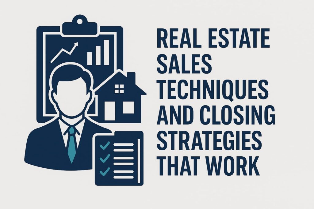 flat-style digital vector graphic illustrating real estate sales techniques and closing strategies, with a modern home icon, handshake, and upward-trending graph