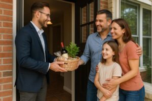 A real estate agent gives a gift basket to a smiling family at the doorstep of their new home, capturing a warm post-closing moment.